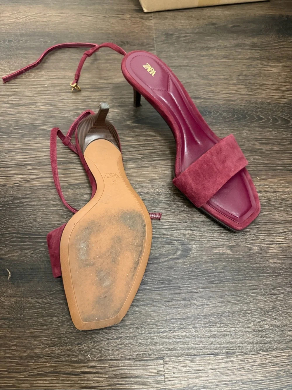 Zara Deep Red Suede Square-Toe Tie Sandals